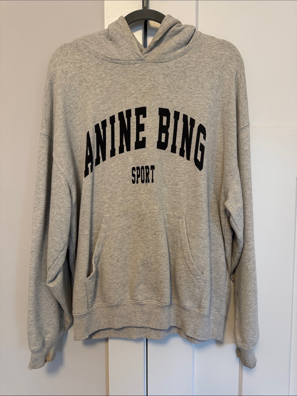 Anine Bing Light Gray Hooded Pullover with Black Arch Logo